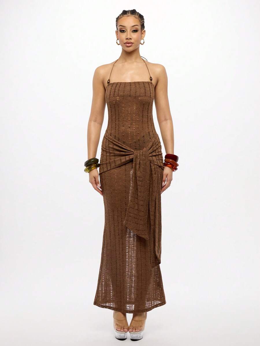 SUMWON WOMEN Đầm maxi ôm sát dệt kim kiểu thang, cổ yếm, thắt dây bên hông, hoàn hảo cho các sự kiện và tiệc tối, thiết kế họa tiết gân. - màu nâu - Xem 1