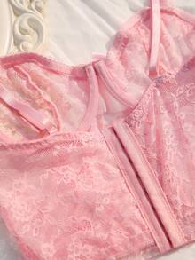 SHEIN 2 件套浪漫蕾丝荷叶边蝴蝶结装饰可爱甜美女士内衣套装 - 粉色 - 查看 4