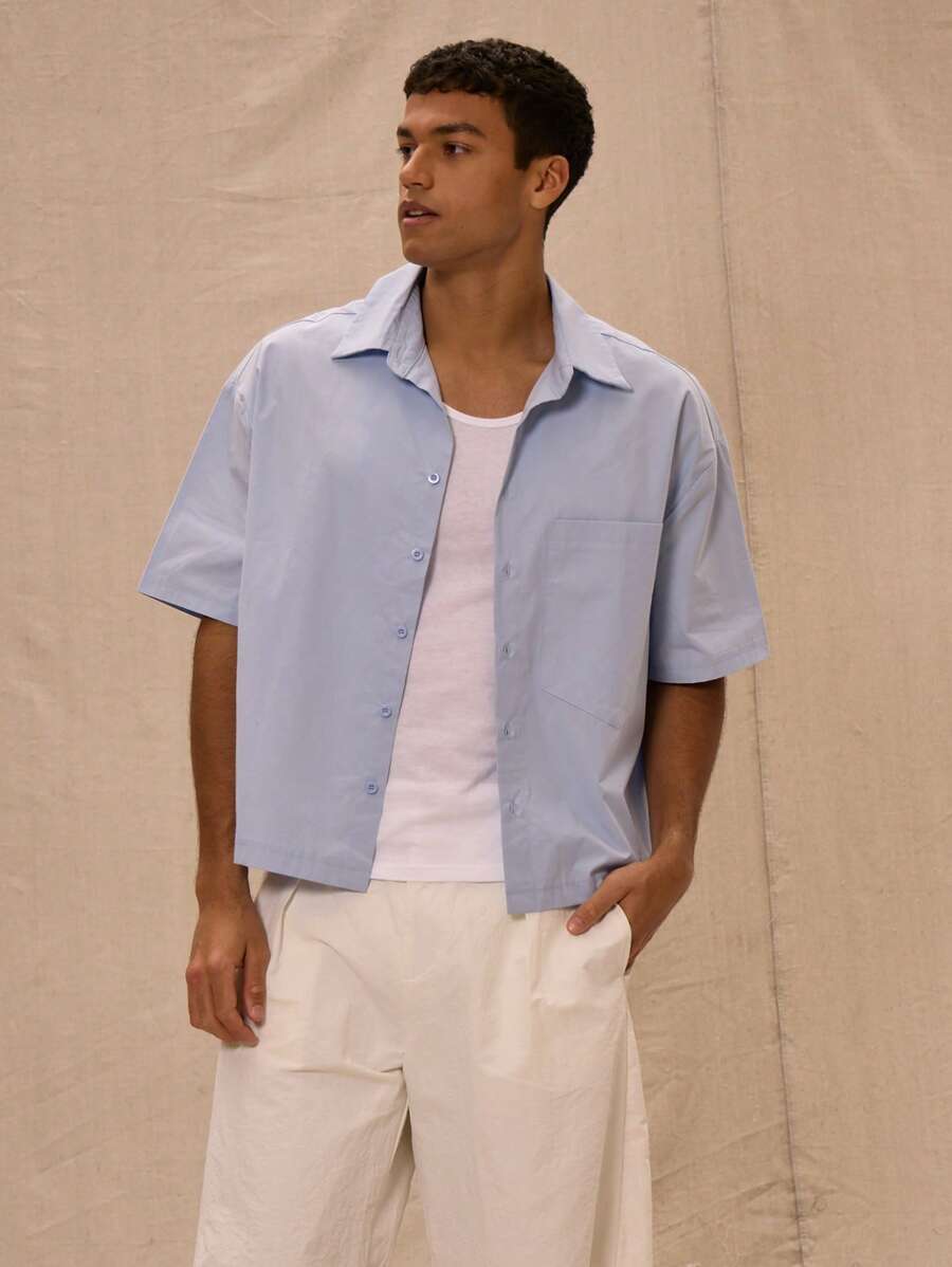 Musero Boxy Fit Oversized Pocket Detail Button Through Short Sleeve Shirt Spring&Summer - Blue - View 1
