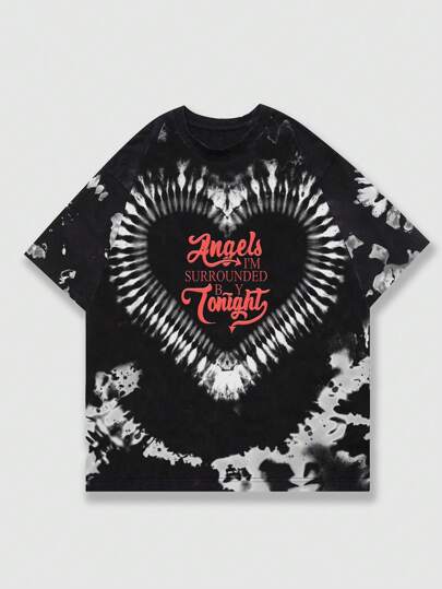 Street Life Camiseta de manga corta con estampado de tie-dye con corazón Y2K para hombres, apropiada para uso diario en primavera/verano