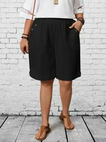 EMERY ROSE Plus Size Solid Color Casual Shorts, Fashionable Suitable For Summer - Black - View 3