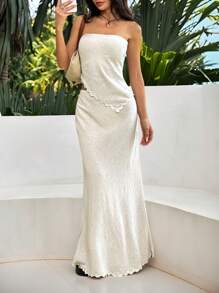 SHEIN EZwear Apricot Linen Bandeau Top And Long Skirt Set