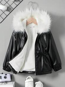 SHEIN 女小童腰部抽繩毛茸邊連帽加絨內裏外套 - 黑色 - 查看 8