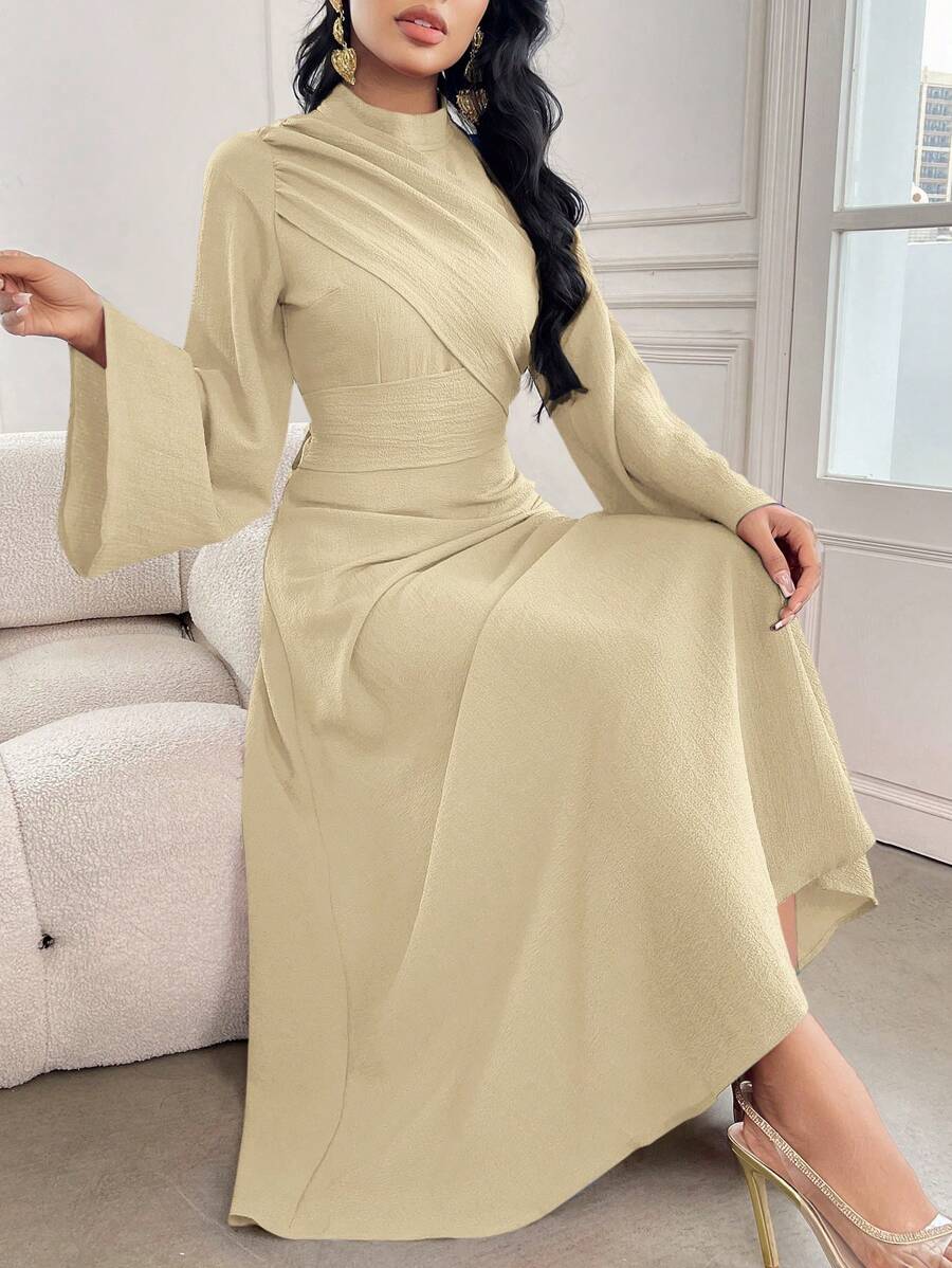 Modelyn 女士纯色立领长袖褶皱长款休闲连衣裙长款晚礼服 - 米色 - 查看 1