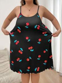 SHEIN CURVE+ 大码樱桃印花连衣裙，夏装 - 黑色 - 查看 5