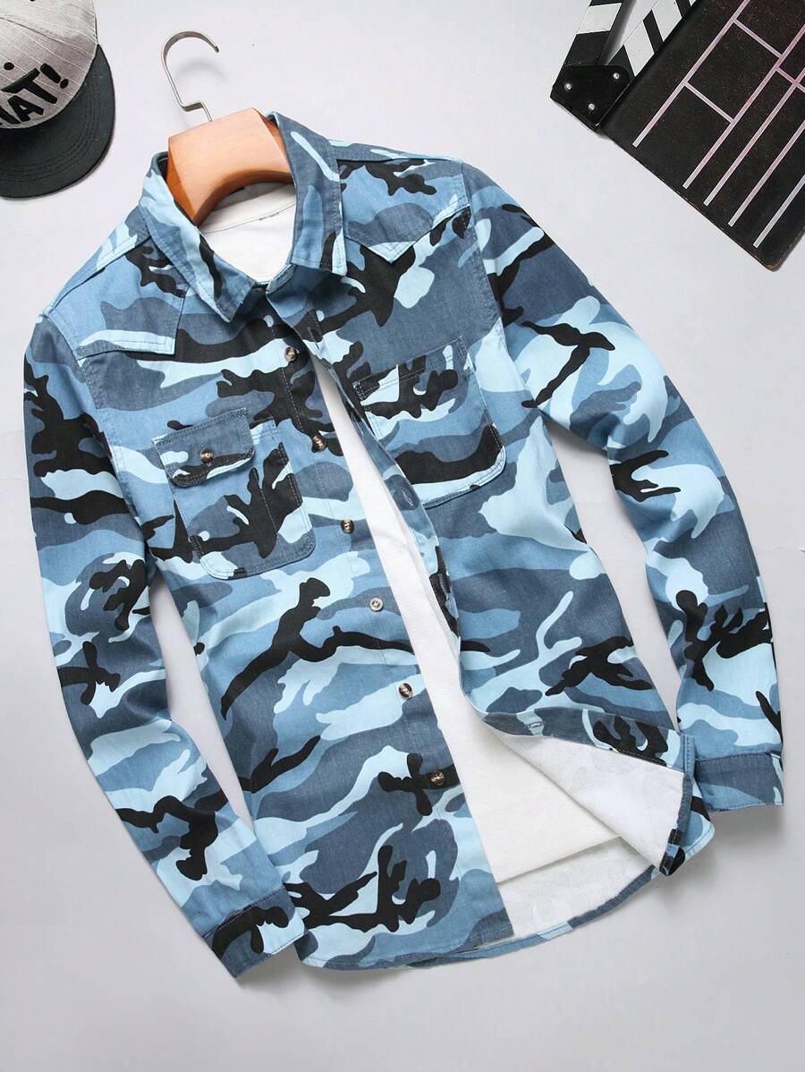 Manfinity Homme 男士休闲蓝色迷彩棉质牛仔衬衫，长袖常规版型翻领衬衫，适合日常穿着，秋季款 - 彩色 - 查看 1