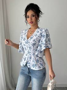 Selianne 女士春夏法式优雅休闲通勤度假下午茶花卉印花 V 领收腰褶皱鱼尾泡泡袖衬衫 - 藍白色 - 查看 6