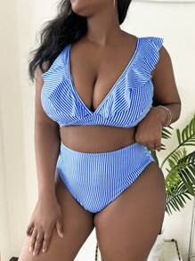 Slaydiva 2 bộ đồ bơi đi nghỉ cổ chữ V cỡ lớn cho nữ - Xanh và trắng - Xem 6