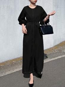 FRIFUL Women Solid Color Round Neck Lantern Sleeve Casual Long Dress Summer Beach Wear
