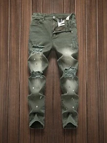 SHEIN Tween Boy 黑色仿旧油漆飞溅弹性紧身牛仔裤 - 軍綠色 - 查看 1