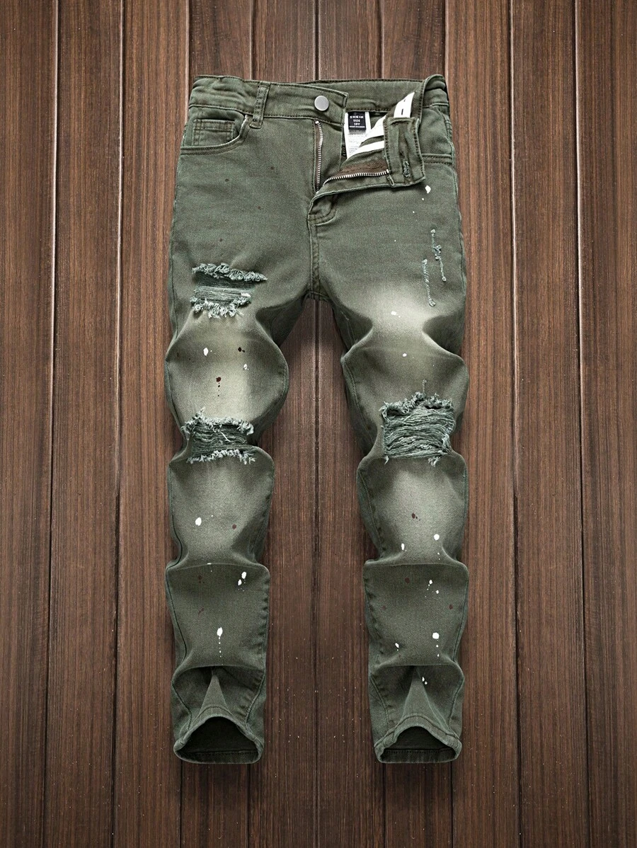 SHEIN Tween Boy 黑色仿旧油漆飞溅弹性紧身牛仔裤 - 軍綠色 - 查看 1