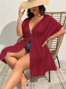 SHEIN VCAY Plus Size Solid Color Short Sleeve Mesh Simple Fashion Kimono, Suitable For Summer - Burgundy - View 5