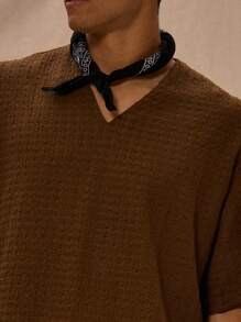 Musero V领提花无领梭织短袖衬衫（仅限衬衫） - 棕色 - 查看 4