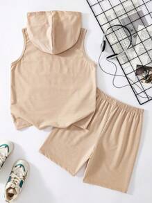 2pcs Tween Girls Outfit - Hooded Sleeveless Top And Shorts Set, Minimalist Fashion Suitable For Summer - Khaki - View 3
