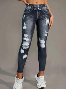 INAWLY Women's High Waisted Casual Versatile Denim Effect Printed Leggings Fall Cloth For Women - Dark Wash - View 1