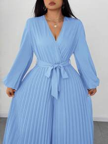 SHEIN Unity Women Plus Size Elegant Crossed V-Neck Belted Bow Fabric Pleated Long Sleeve All-In-One Jumpsuit, Versatile & Fashionable Fall Cloth For Women - Blue - View 3