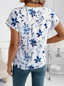 SHEIN Clasi 女士花卉印花圆领短袖宽松优雅休闲衬衫，蓝色和白色 - 藍白色 - 查看 2