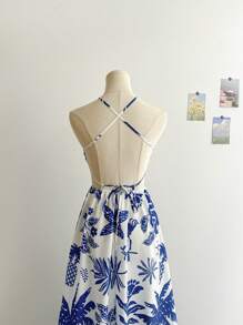 Soleia Women's Vacation Blue Palm Tree Parrot Tropical Print Long Tie-Neck Dress, Blue & White,Summer Dresses For Women - Blue and White - View 7