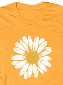 SHEIN LUNE Plus Size Summer Casual Floral Print Short Sleeve T-Shirt - Yellow - View 3