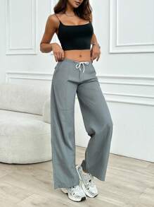 SHEIN Cottnline Women's Solid Drawstring Low Waist Parachute Pants - Grey - View 4