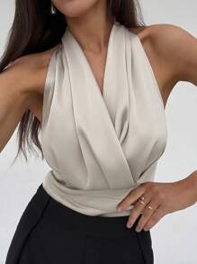 Aloruh Blouse femme plissée à col en V croisé de couleur unie - Nude - Voir 7