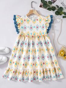 SHEIN 1pc Tween Girls Cap Sleeve Fringe Trim Vintage Style Fashion Casual Dress, Suitable For Travel, School, Summer - Multicolor - View 7