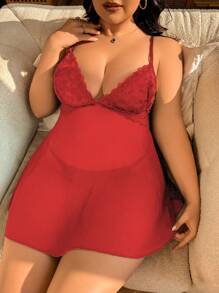 Snug Zone 2 Pieces Set: Plus Size Lace & Mesh Splice Strapless Sexy Dress + G-String Panty - Red - View 4