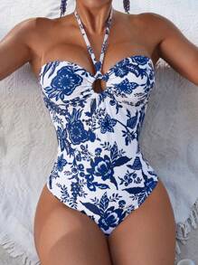 SHEIN Swim Lushore Women One-Piece Swimsuit With Blue & White Porcelain Pattern, Strapless Design With Front Ring Hollow Out - Blue and White - View 1