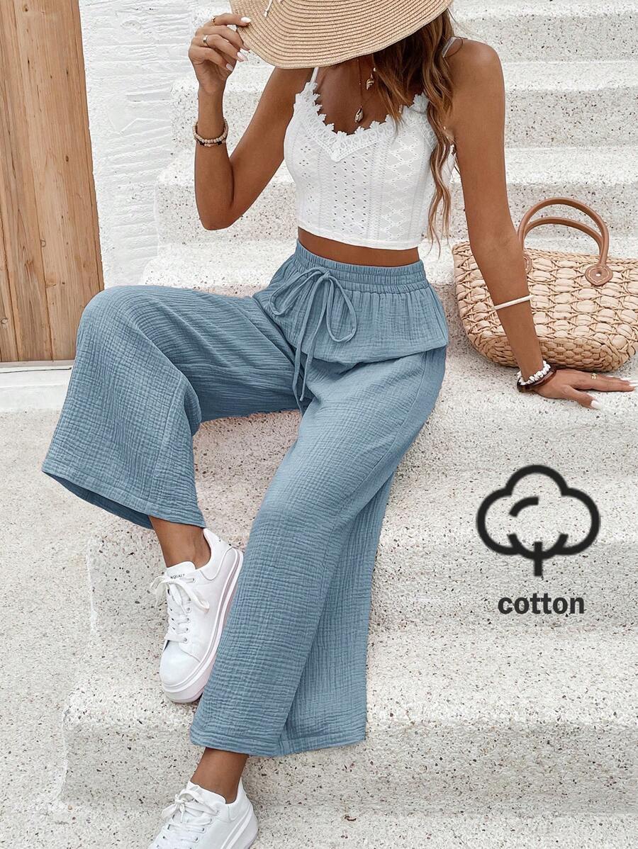 SHEIN Frenchy Quần dài nữ màu trơn phong cách tối giản, phù hợp cho mùa hè - Iron Gray - Xem 1