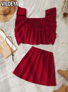 2pcs 2025 Spring/Summer New Casual Comfortable Resort Ruffled Sleeve Red Tween Girl Set, Suitable For Daily Wear, Outdoor Activities, And Family Holiday Gatherings - Burgundy - View 1