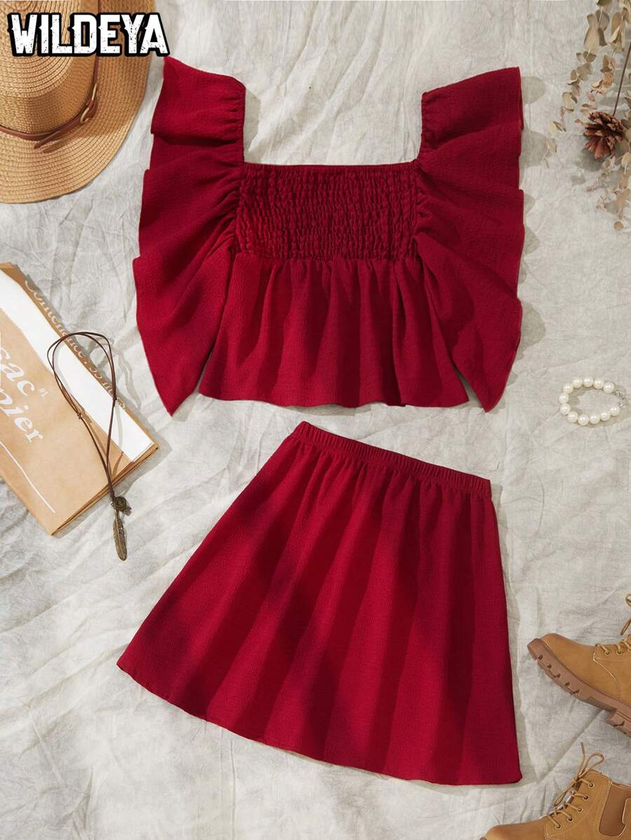 2pcs 2025 Spring/Summer New Casual Comfortable Resort Ruffled Sleeve Red Tween Girl Set, Suitable For Daily Wear, Outdoor Activities, And Family Holiday Gatherings - Burgundy - View 1