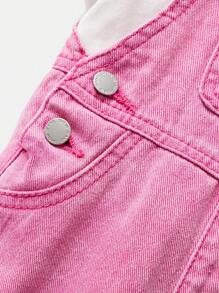 SHEIN 女婴可爱宽松蓝色牛仔背带裤秋冬装，街头酷炫风格牛仔装 - 淺色水洗藍 - 查看 4