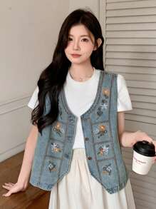 DAZY Women's Flower Embroidery Casual Loose Sleeveless Open Front Denim Jacket
