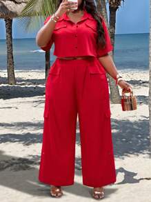 Slaydiva Plus Size Women's Two-Piece Set: Cargo Front Patch Work Cropped Shirt And Side Pocket Wide Leg Pants - Red - View 2
