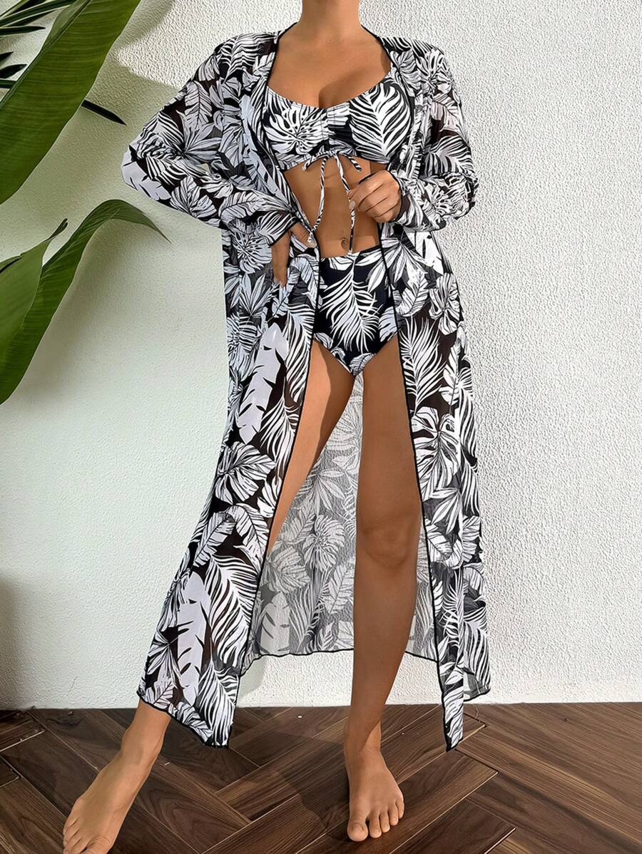 SHEIN 女士 3 件套海滩夏季套装：V 领抽绳短款背心、高腰印花内裤、长袖花卉印花透明和服 - 优雅比基尼泳装 - 黑與白 - 查看 1