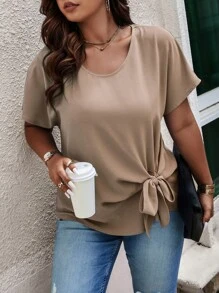 SHEIN LUNE Plus Size Solid Color Round Neck Bow Decor Short Sleeve Blouse BASICS - Khaki - View 5