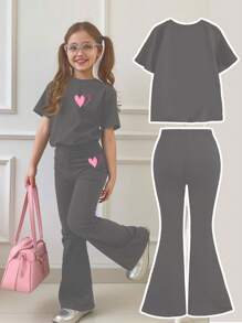 SHEIN Leap Crew 2pcs Girl's Casual Minimalist Round Neck Short Sleeve Top And Long Pants Set, Suitable For Summer - Dark Grey - View 2