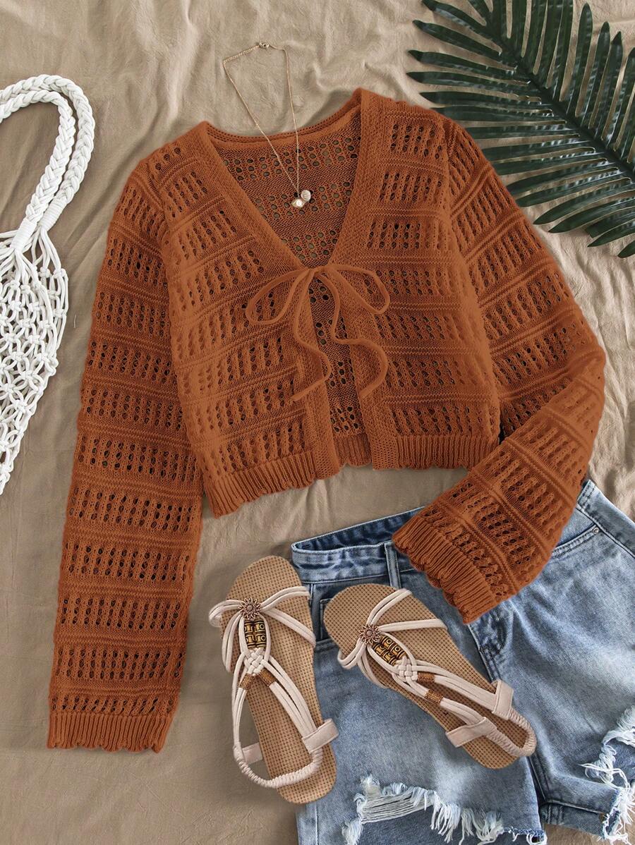 Travachic Vacation Women Solid Color Long Sleeve Hollow Lace-Up Cardigan,Knitted Sweater In Fall/Winter - Orange - View 1