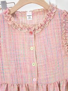 两件套少女格子无袖衬衫，荷叶边领口和袖口，松紧腰阔腿裤，夏季套装，适合少女的两件套服装，少女服装，少女套装，少女套装 - 粉色 - 查看 3