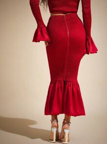 Vixey 纯色缎面美人鱼下摆中长裙，春季服装，女士夏季服装 - 紅色 - 查看 2