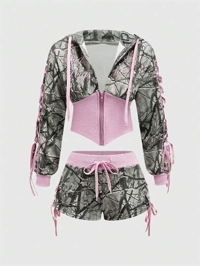 J-Fashion 2pcs Y2K Low Waist Sexy Camouflage Print & Embroidered Text Women's Set