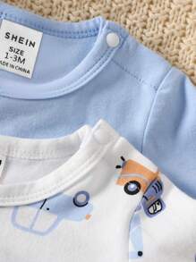 2 件套新生男婴汽车卡通全身印花趣味长袖连脚连体衣 + 围兜套装，适合所有季节婴儿服装套装新生儿套装男孩柔软婴儿服装新生男婴服装婴儿服装套装男女通用婴儿服装新生儿男女通用服装新生儿婴儿服装男女通用纯棉夏装夏季睡衣假日旅行休闲夏装纯棉婴儿服装新生儿婴儿服装男童 - 藍白色 - 查看 6