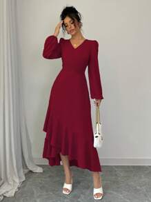 Elenzga Women's Elegant Solid Color Lantern Sleeve Ruffled Hem Dress - Red - View 7