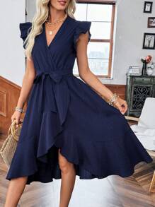 SHEIN LUNE Women's Casual Solid Textured Tie-Up V-Neck Ruffle Trim Short Sleeve Basic Mid-Length Dress, For Summer Outings