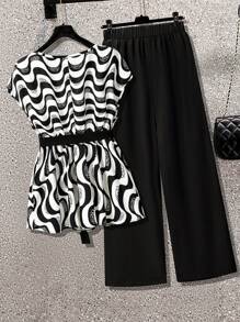 SHEIN LUNE 2pcs/Set Plus Size Women Batwing Sleeve Printed Blouse And Wide Leg Pants Set - Black - View 2