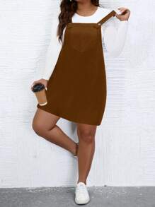 Celure Plus Size Women Black Woven Regular Elegant Corduroy Pinafore Dress - Brown - View 3