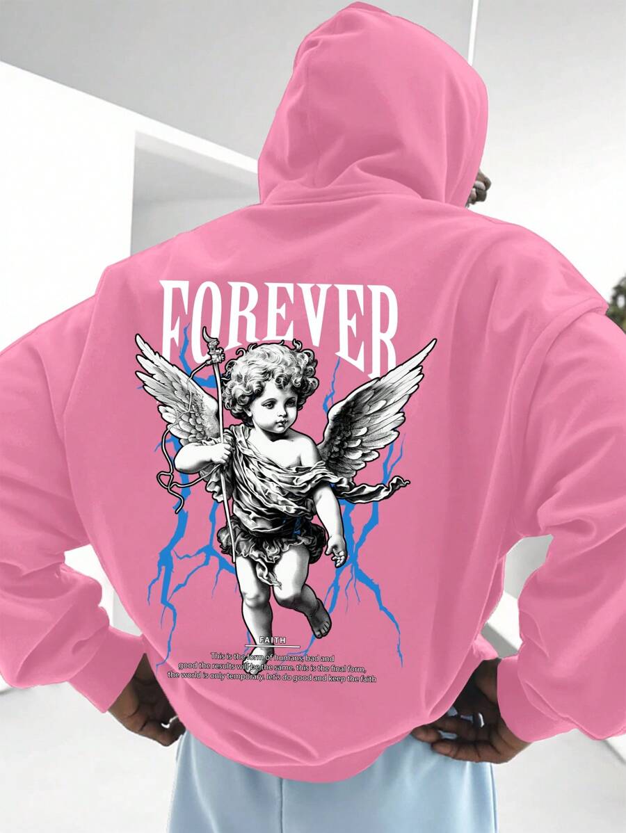 Manfinity EMRG Men's Letter And Angel Graphic Print Hoodie - Pink - View 1