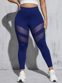 SHEIN Essnce Plus Size Navy Blue Knitted Fabric Leggings With Contrast Mesh Panels For A Casual Style - Navy Blue - View 6