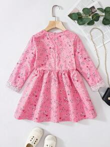 Adorable Pink Floral Print Dress For Girls With Long Sleeves V Neck And Lace Detail Perfect For Special Occasions - Pink - View 2