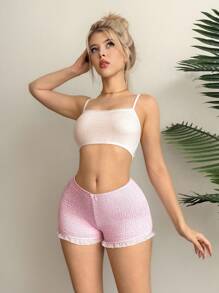 EgrlEra Quần short mini dệt kim bo gấu nhún bèo chi tiết nơ cho nữ - Hồng - Xem 5